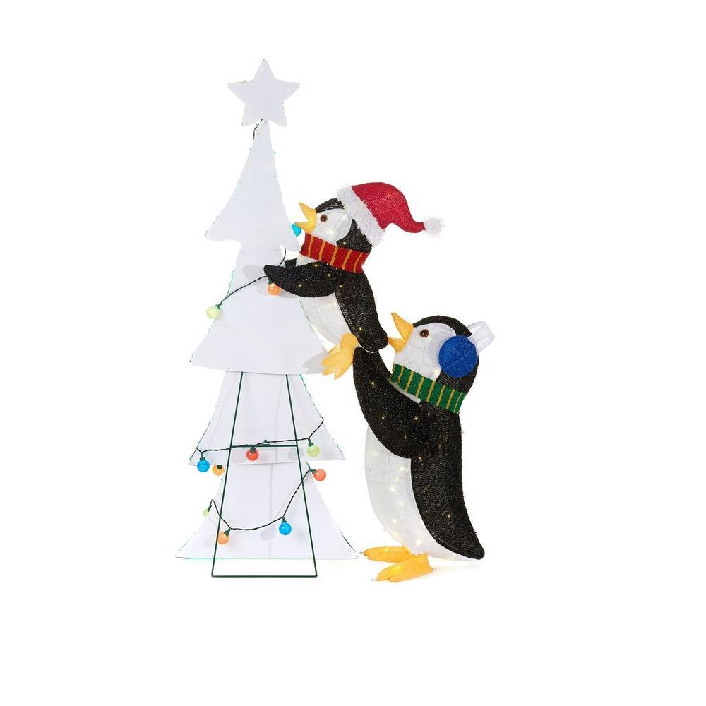 62 in. Christmas Decorations LED Lighted Tinsel Penguins with Christmas Tree