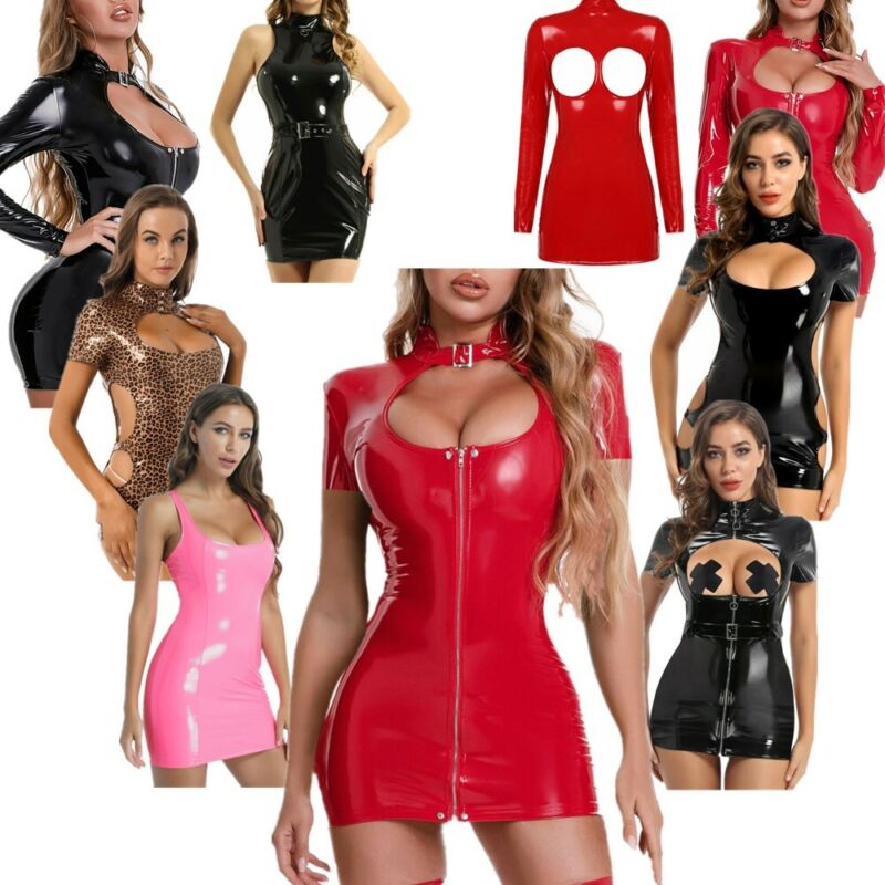 Womens Pvc Leather Dress Mini Bodycon Clubwear Hollow Out Nightclub Party Dress