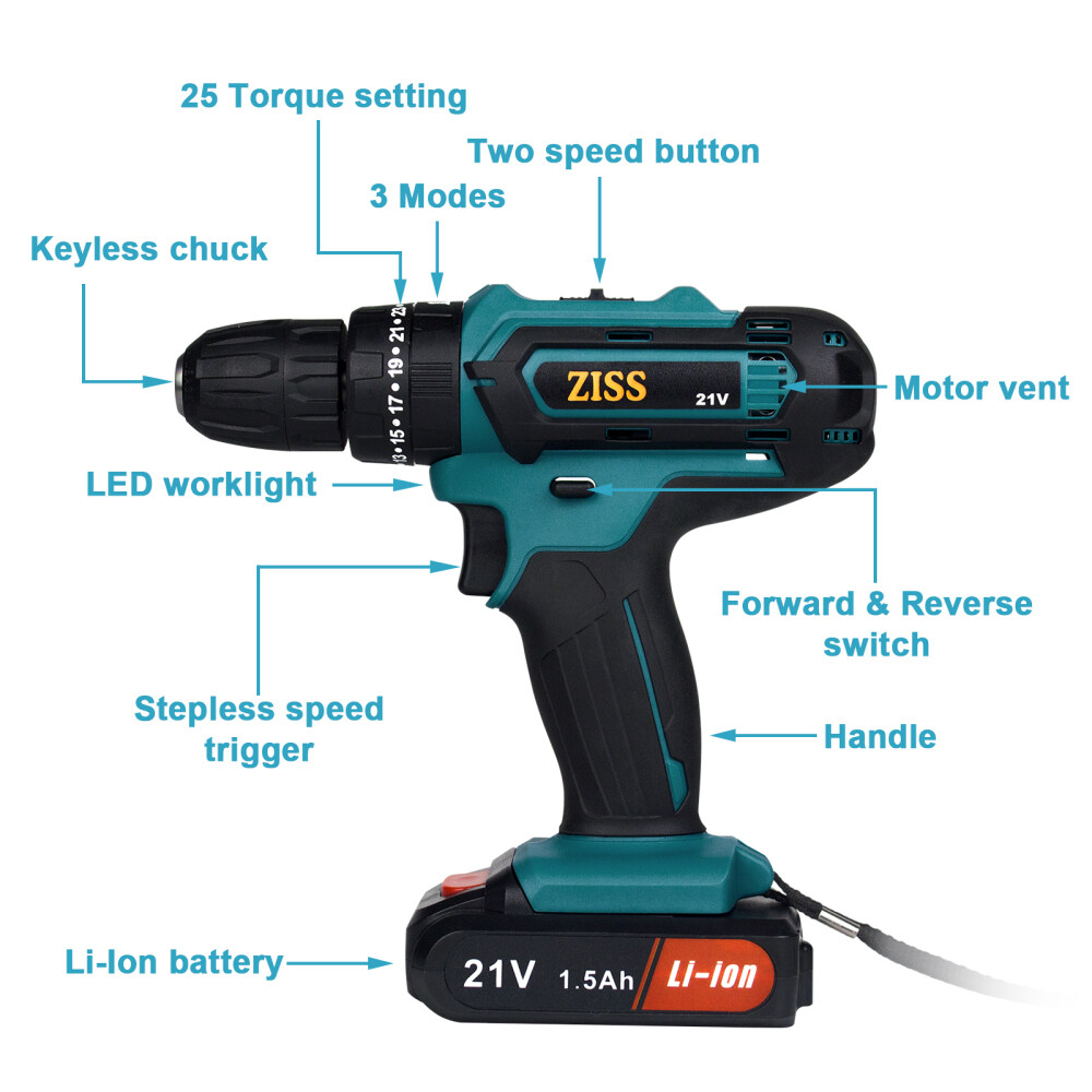 21Volt Drill 2 Speed Electric Cordless Drill / Driver with Bits Set