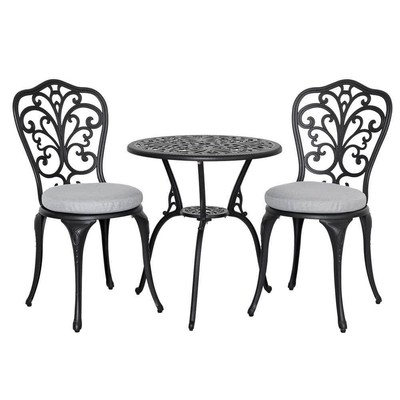Nuu Garden 3-Piece Outdoor Bistro Set with Gray Cushions Cast Aluminum Black
