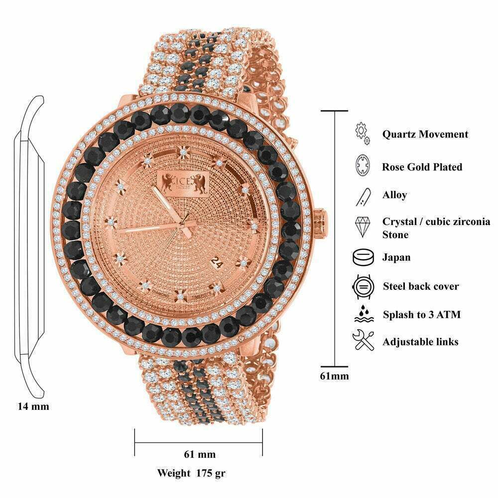 Pre-owned Solitaire Black  Xl Big Face Simulate Diamond 18k Rose Gold Tone W/date Watch