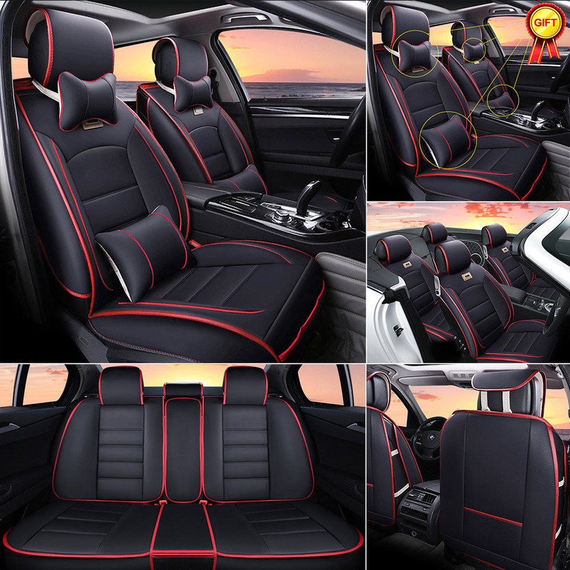 Red+Black Auto Car Seat Covers Front+Rear 5-Sit Cushion PU Leather