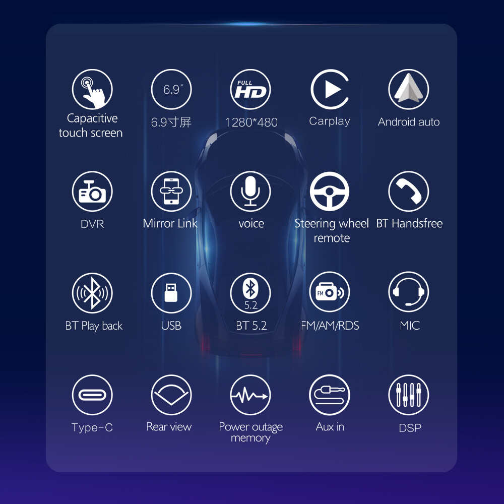 1Din 6.9" Touch Screen Car Radio Carplay Android auto Bluetooth Al Voice RDS+CAM