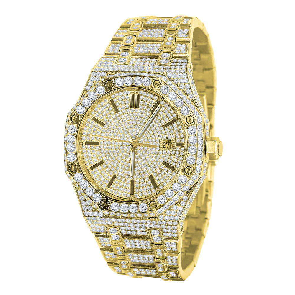 Pre-owned Bling Master Men's Full Steel Baguette Yellow Gold Tone Finish Simulated Diamond 42 Mm Watch