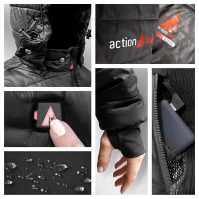Pre-owned Actionheat Insulated Puffer Jacket Large With Hood, Elastic Banded Waist Black