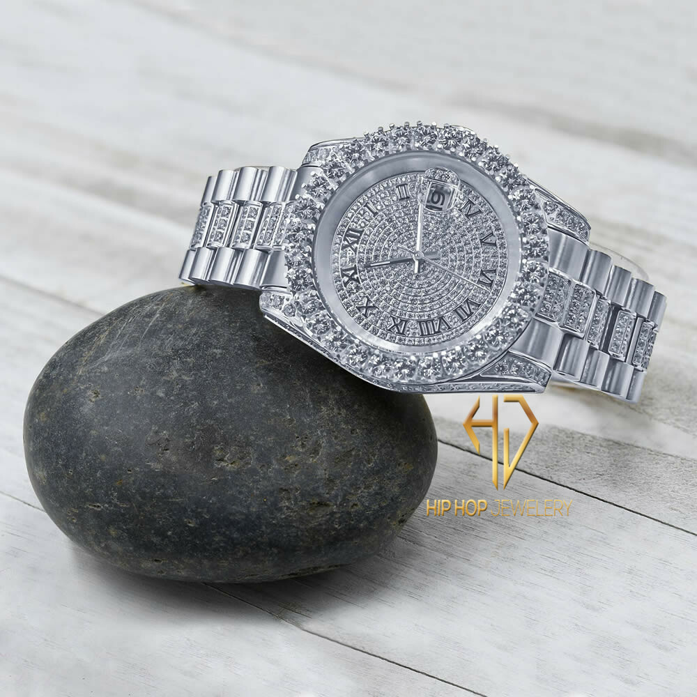 Pre-owned Bling Master 18k White Gold Tone Stainless Steel Simulated Diamonds Presidential Watch 41mm