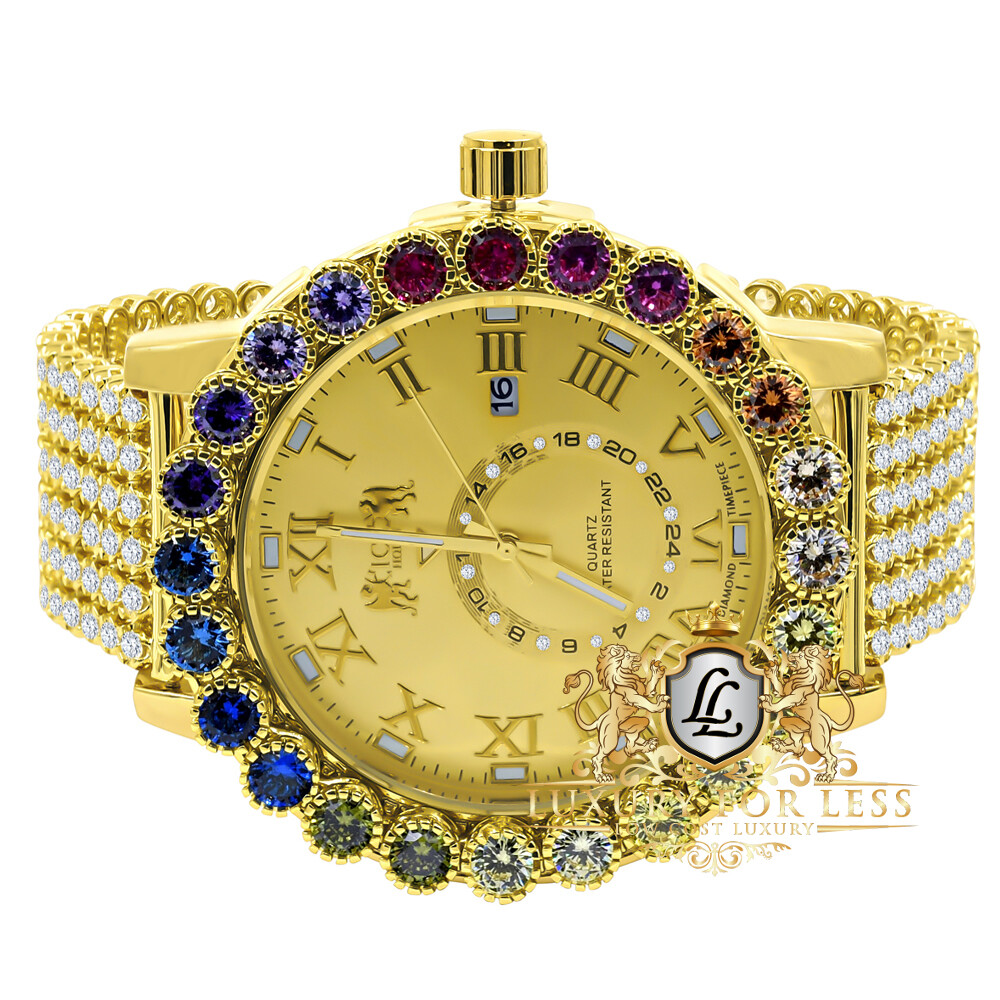 Pre-owned Ice House Rainbow Gold Multi Tone Prong Set Custom Time Piece Men's Custom Watch Xl 55mm