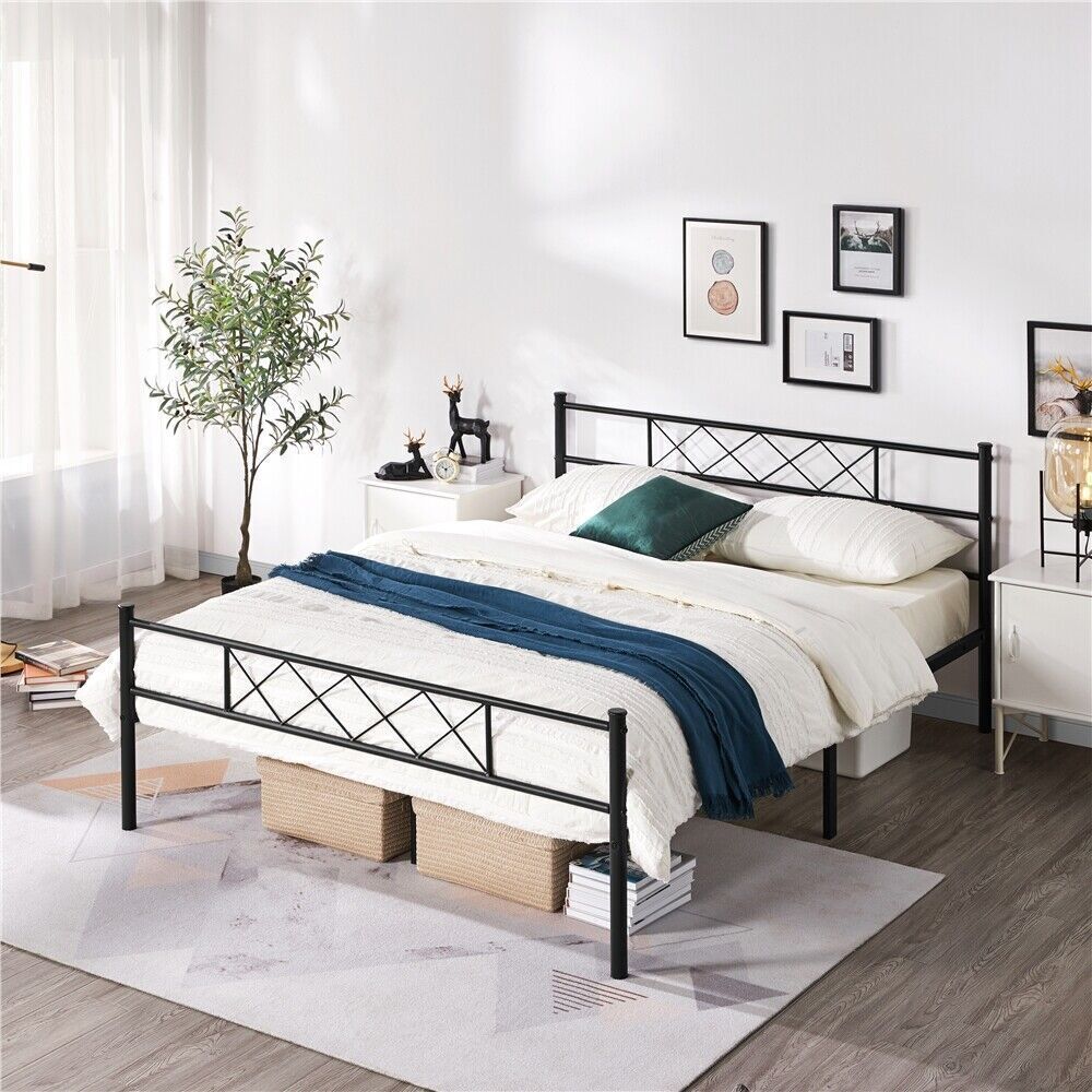 Queen Size Iron Platform Mattress Foundatio Headboard New