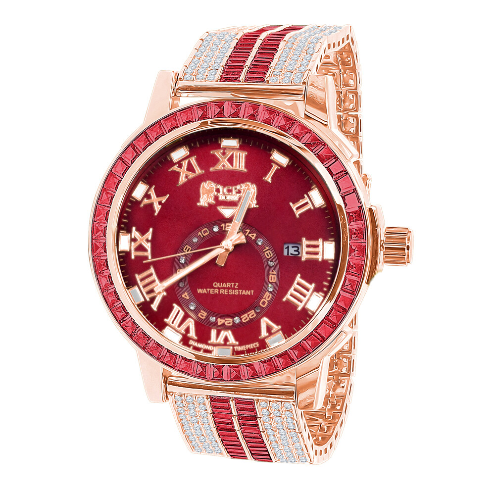 Pre-owned Ice House Icy Red Baguette Rose Gold Tone Red Face Dial Custom Band Luxury Watch