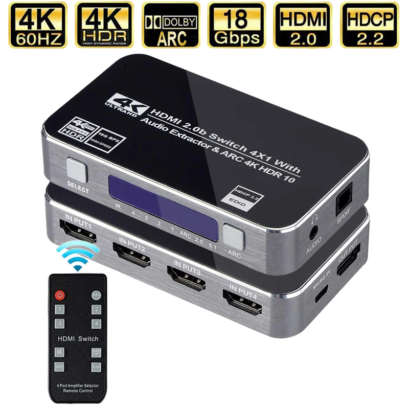 4K HDMI Switcher HDMI 2.0 Switch HDMI audio extractor HDR ARC splitter 4X1 with