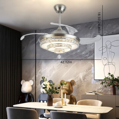 42''Ceiling Fans Light Hidden Retractable Blades Remote Crystal LED Chandelier US