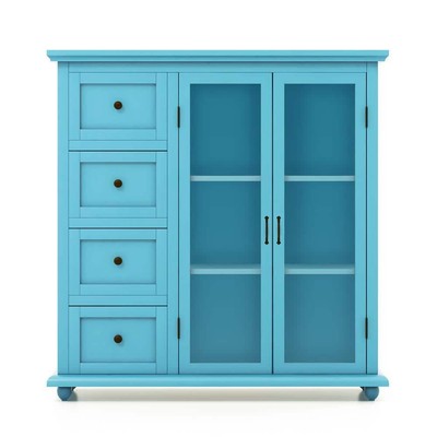 Costway Buffet Sideboard Table 36''x12''x37'' Wood Blue w/ Drawers + Glass Doors