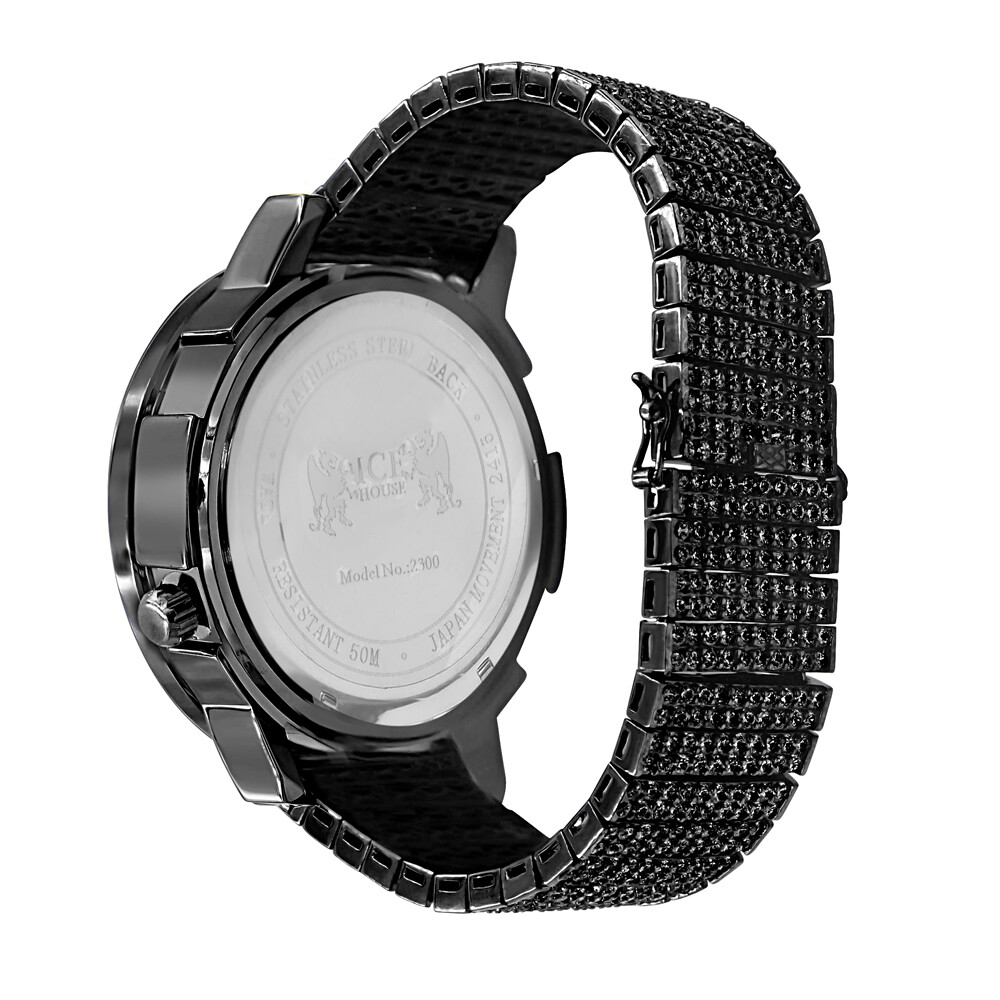 Pre-owned Ice Master Black Gold Finish Solitaire Real Diamond Dial 2 Time Zone Chronograph Mens Watch
