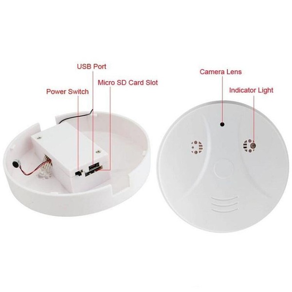 Disassembled hidden camera device resembling a smoke detector.