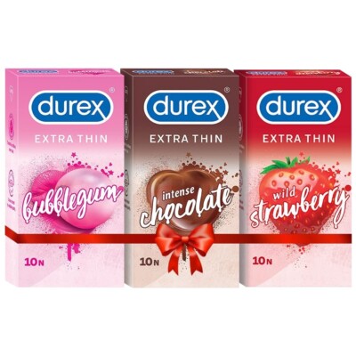 Durex Extra Thin Condoms, 10s, Pack of 3 (Bubblegum + Chocolate + Strawberry)