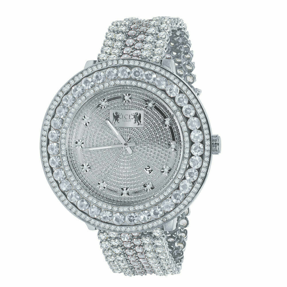 Pre-owned Ice House 18k White Gold Finish Men's Real Diamond Dial Watch Custom Band Full Illusion Xl