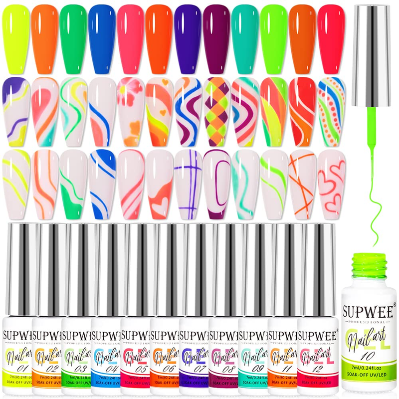 SUPWEE Neon Nail Art Gel Liner Set - 12 Colors Fluorescent Liner Gel Polish Neon