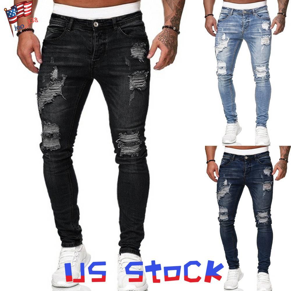 S Elastic Waist Ripped Jeans Stretch Denim Distressed Slim Fit Pants Trouser