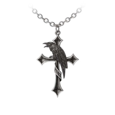Alchemy Gothic Crus Corvis Pendant Necklace Pewter Cross Raven Crow Horror Punk