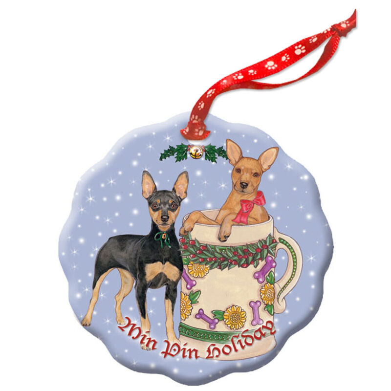 Miniature Pincher Min Pin Dog Holiday Porcelain Christmas Tree Ornament