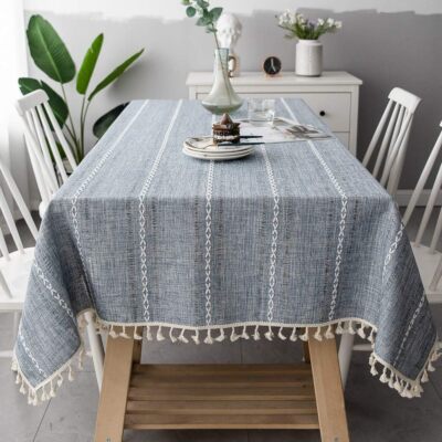 Rectangle Cotton Linen Tablecloth Striped Tassel Table Cloth Home Dust Cover UK