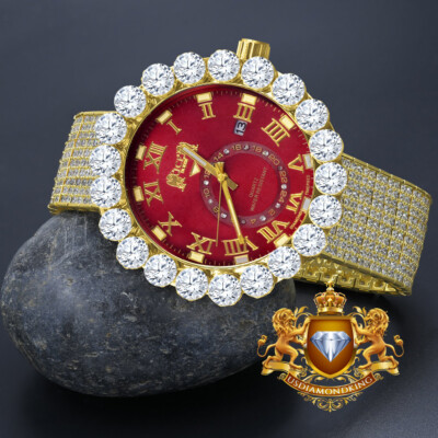 Pre-owned Ice House Real Diamond Roman Dial Gold Tone Red Face 10 Row Custom Band Bezel Watch 55mm