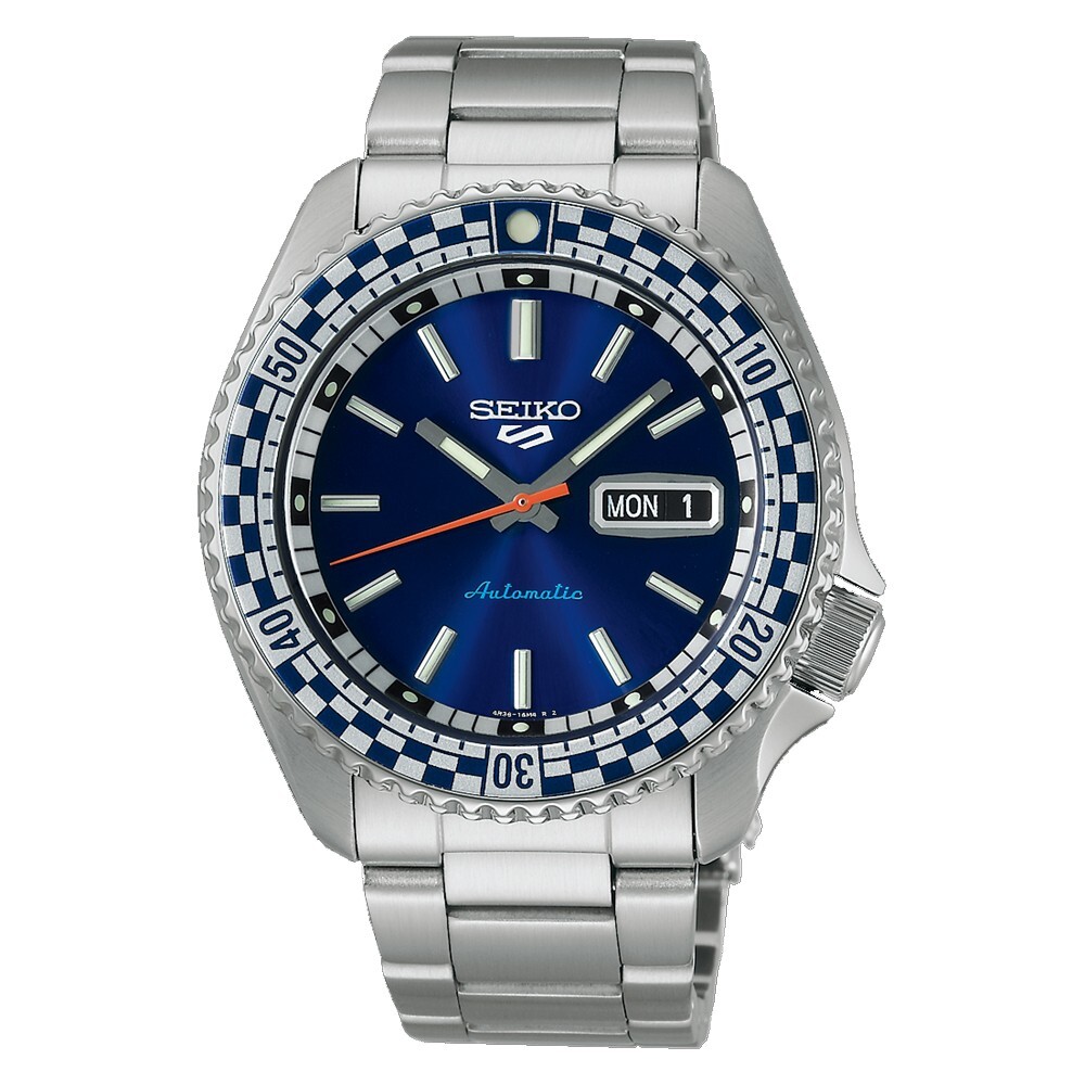 Pre-owned Seiko 5 Sports Srpk65 Men's Special Ed Blue Dial Checkered Bezel Automatic Watch