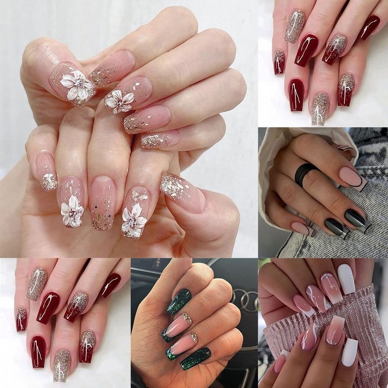 On Nails Full Cover Green Edge Ballerina Long French Camellia Fake Nails
