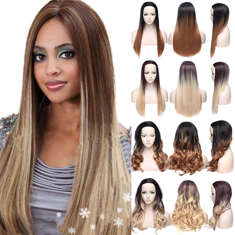 Womens Ombre Half Wig 25 Long Straight Wavy 3 4 Heaf Full Wigs