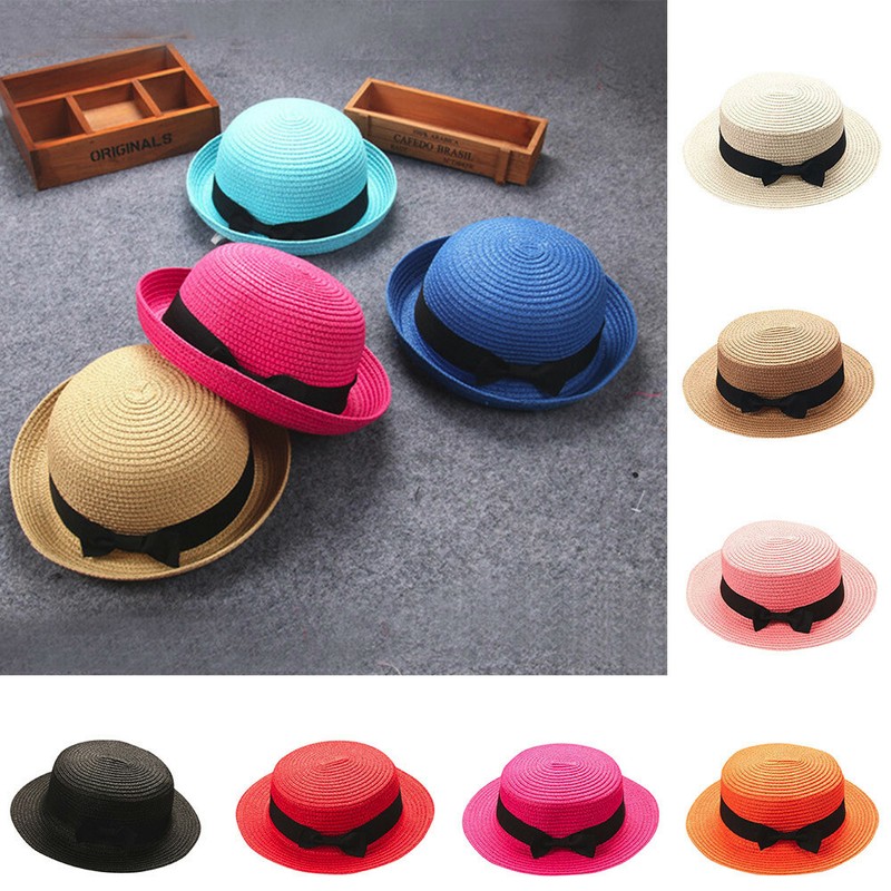Baby Bowknot Hat Children Breathable Hat Straw Hat Boys Girls Holiday Beach Hat