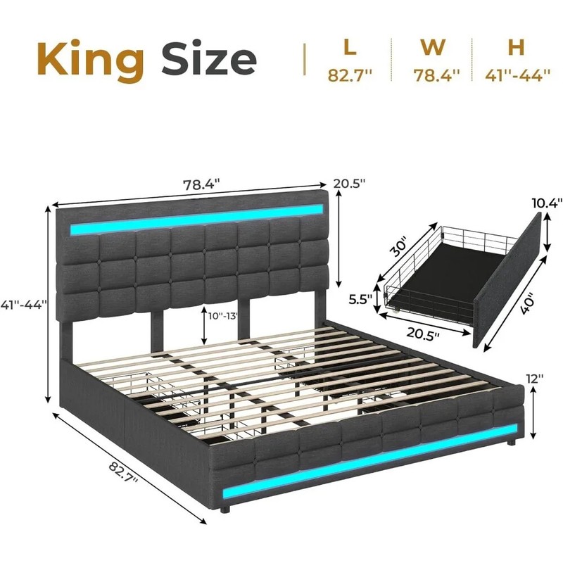 LED Lighted Bed Frame Upholstered Platform and Storage Drawers USB Ports