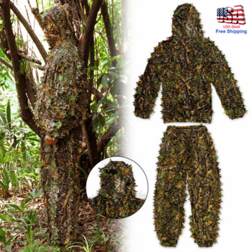 3D Ghillie Suit Set Sniper Train Leaf Jungle Forest Wood Hunting Camouflage NEW