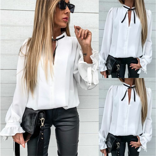 Damen Business Bluse Hemd Rüschen T-Shirt Langarmshirt Freizeit Oberteile Tops