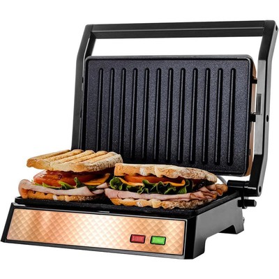 Copper Electric Panini Press Grill, 2-slice 1000-watt Heating Plate, Drip Tray