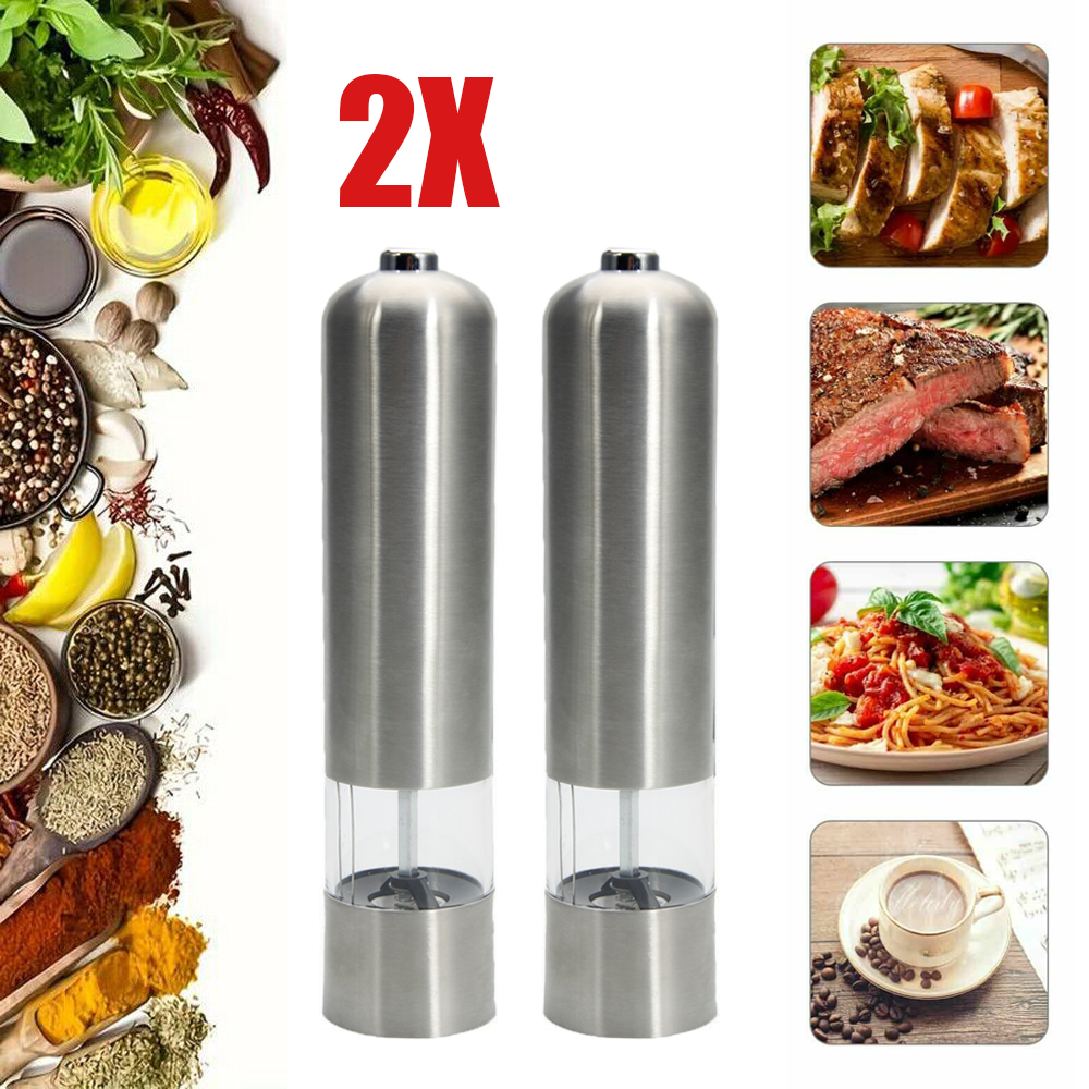 2PCS Electric Stainless Steel Automatic Pepper Mill Salt Kitchen Home Grinder