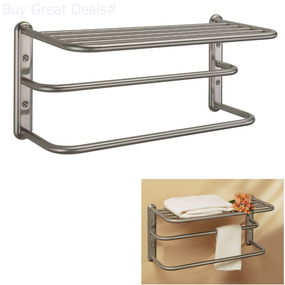 Satin Nickel Hotel Style Bathroom Storage Shelf Towel Rack Wall Mount