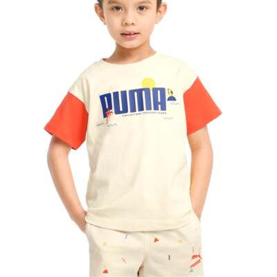 Puma Tiny X Colorblock Graphic Crew Neck Футболка с короткими рукавами для малышей Бежевый