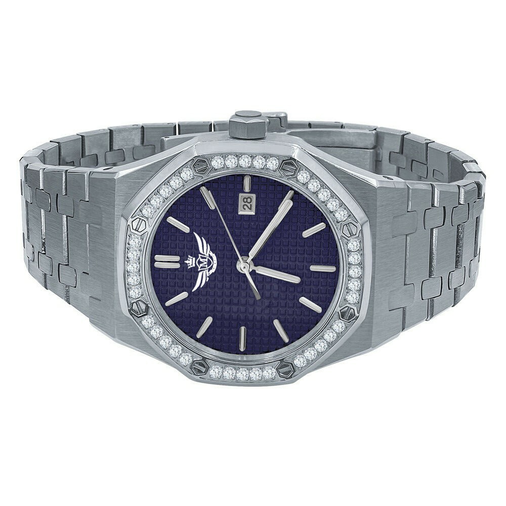 Pre-owned Bling Master Men's Full Steel Blue Dial White Gold Tone W/date Simulated Diamonds 42 Mm Watch
