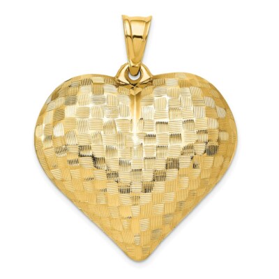 Pre-owned Superdealsforeverything Real 14kt Yellow Gold Polished Basket Weave Pattern 3-d Heart Pendant