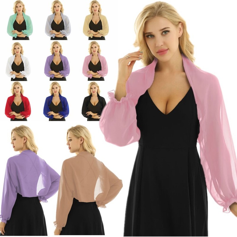 Women's Long Sleeve Shrug Top Sheer Chiffon Open Front Women's Long Sleeve Shrug Top Sheer Chiffon Open Front