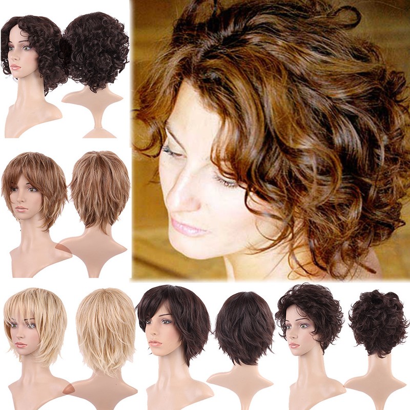 Highlight Blonde Short Curly Wavy Full Hair Wig Blonde Brown Party Cosplay Ghu