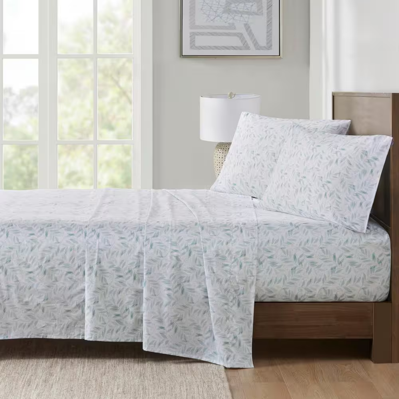 200-Thread Count Printed Cotton 4-Piece Green Leaves Full Sheet Set