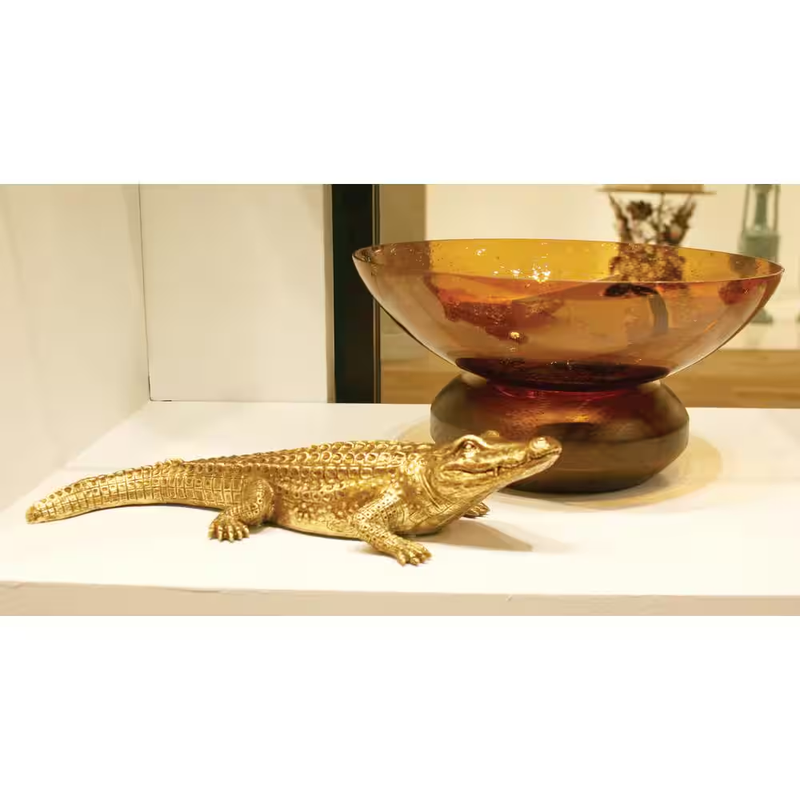 Gold Crocodile Sculpture Decorative Alligator Statue Home Office Shelf Table