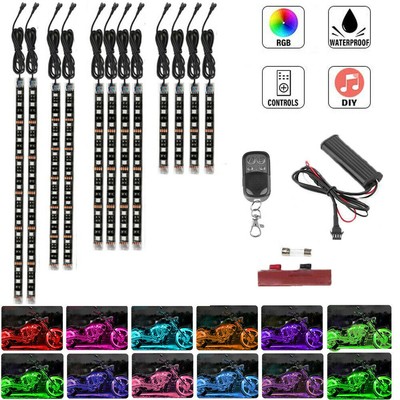 12PCS RGB Motorcycle Light LED Strip Under Glow Neon Kit Remote Wireless Control