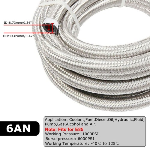 20FT AN6 -6AN AN-6 3/8 Fitting Stainless Steel Braided Oil Fuel Hose Line Kit