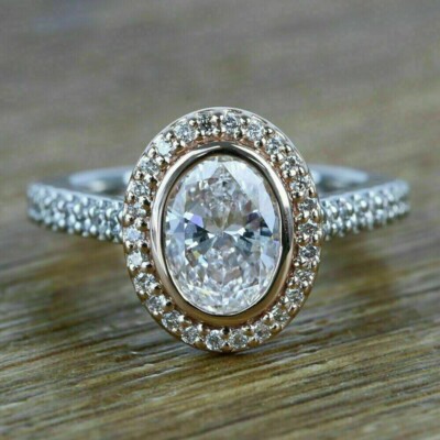 200 Ct Oval Cut Simulated Diamond Engagement Halo Ring 14K Rose White Plated