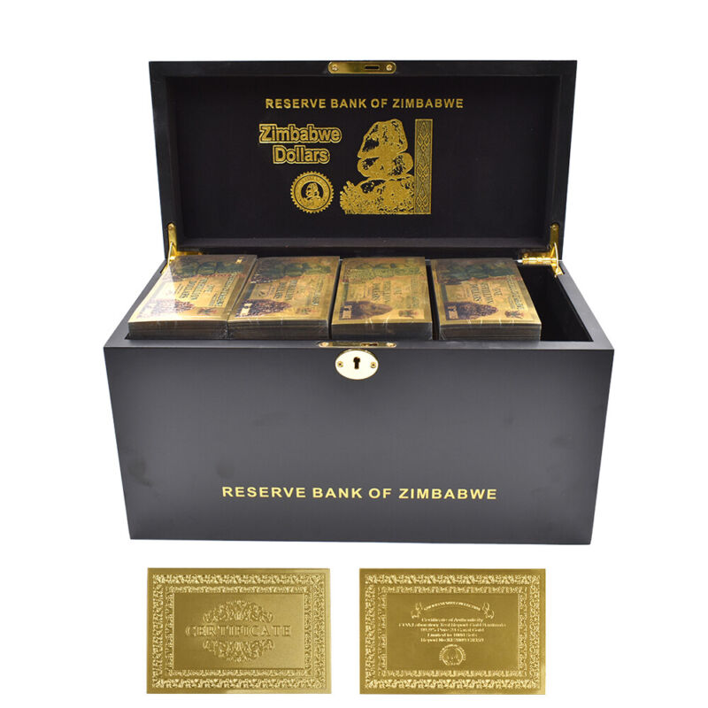 1200pcs One Myrillion Dollars Zimbabwe Gold Banknote Gold Money with Wooden Box
