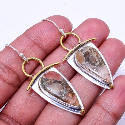 Copper Golden Sunstone -Madagascar 925 Sterling Silver Two Tone Earring 2.07'' E6