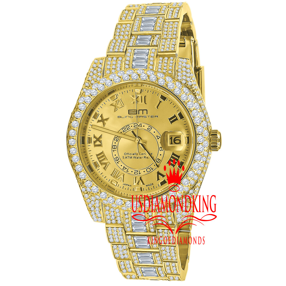 Pre-owned Bling Master Men's Stainless Steel 18k Yellow Gold Finish Simulated Diamond Watch 42mm W/date