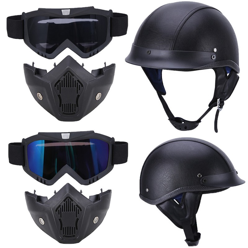 Motorcycle Half Face Helmet Black Leather DOT German Biker Pilot / Goggles Mask